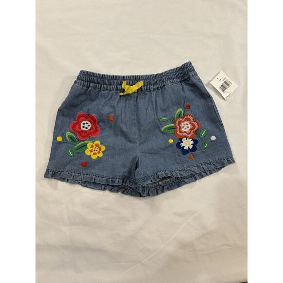 Mini Boden Girls Denim Embroidered Floral Pull On Chambray Shorts Size 7 - Picture 1 of 5